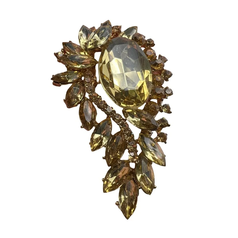 Vintage‎ Topaz Rhinestone Brooch Large Gold Statement Amber Glass Pin